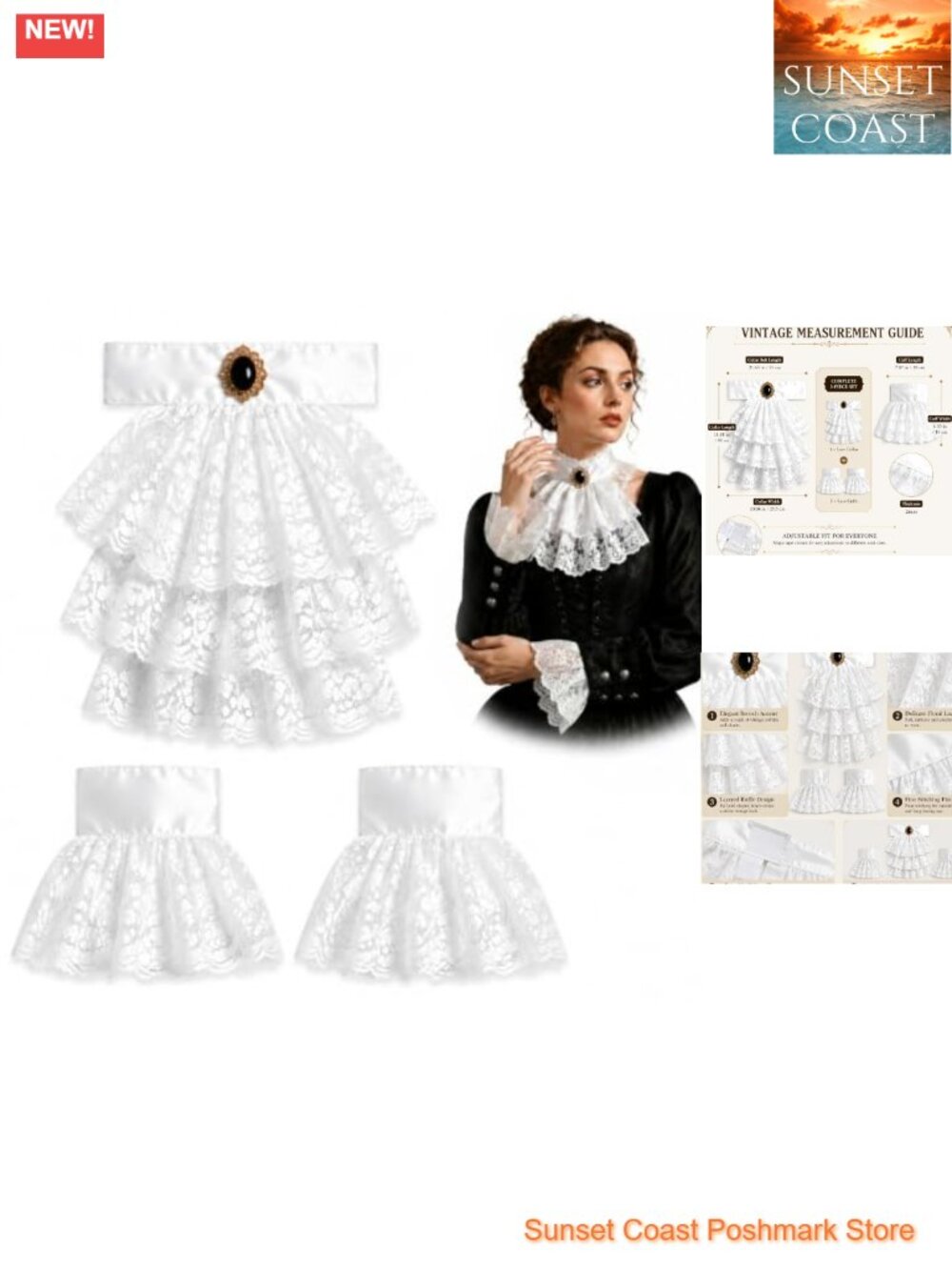 Victorian Lace Ruffle Collar and Cuffs Set Colonial Costume Accessory